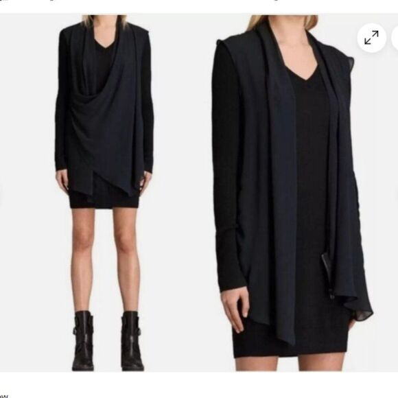 ALLSAINTS | Black Drina Wool Draped Long Sleeve Dress Size US2 - Picture 2 of 15
